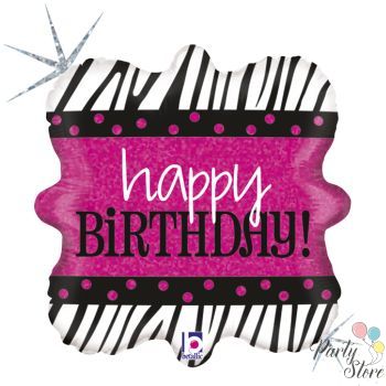 Фолиев балон Happy Birthday циклама - зебра 46 см