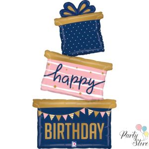 Фолиев балон „Три подаръка Happy Birthday“ 37 инча / 94 см