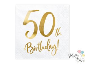 Салфетки 50th Birthday бели 33x33cm (1 пкт. / 20 бр.)