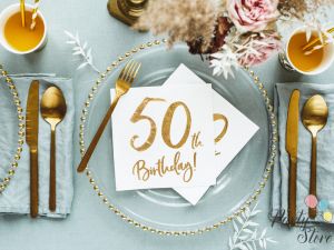 Салфетки 50th Birthday бели 33x33cm (1 пкт. / 20 бр.)