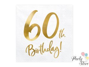 Салфетки 60th Birthday бели 33x33cm (1 пкт. / 20 бр.)