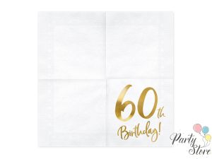 Салфетки 60th Birthday бели 33x33cm (1 пкт. / 20 бр.)