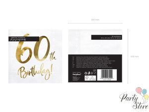 Салфетки 60th Birthday бели 33x33cm (1 пкт. / 20 бр.)