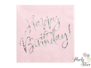 Салфетки Happy Birthday, светло пудрово розово, 33x33cm (1 пкт. / 20 бр.)