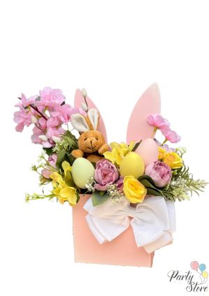 Великденска декорация в кутия със зайче, цветя и яйца – 33x13x10 см